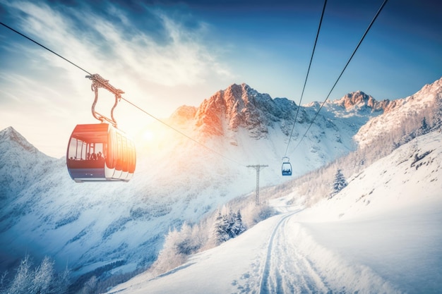 Een schilderachtig uitzicht op een kabelbaan en een skigebied tegen een achtergrond van majestueuze winterbergen AI generatief