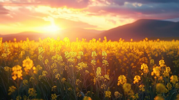 Een schilderachtig uitzicht op een koolzaadveld tegen de hemel bij zonsondergang