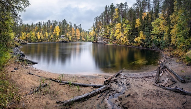 Een schilderachtig uitzicht op een meer in het bos in de herfst