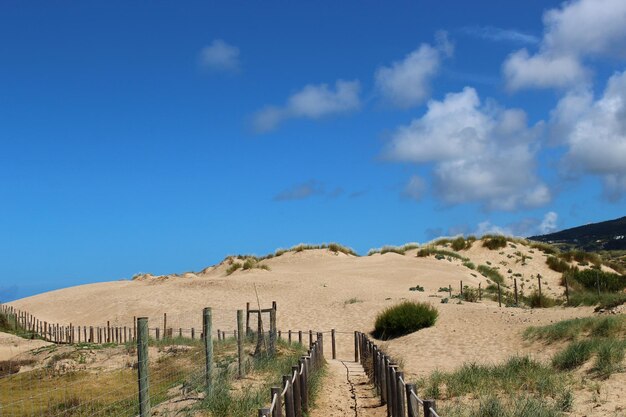 Foto een schilderachtig uitzicht op het landschap tegen een blauwe hemel