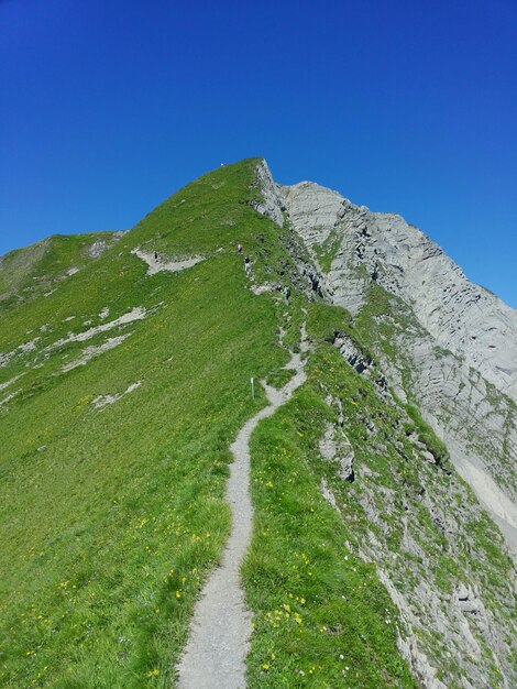 Foto een schilderachtig uitzicht op het landschap tegen een heldere blauwe hemel