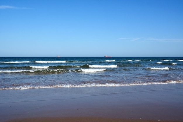 Een schilderachtig uitzicht op het zeegebied vanaf het strand Twee vrachtschepen drijven aan de horizon