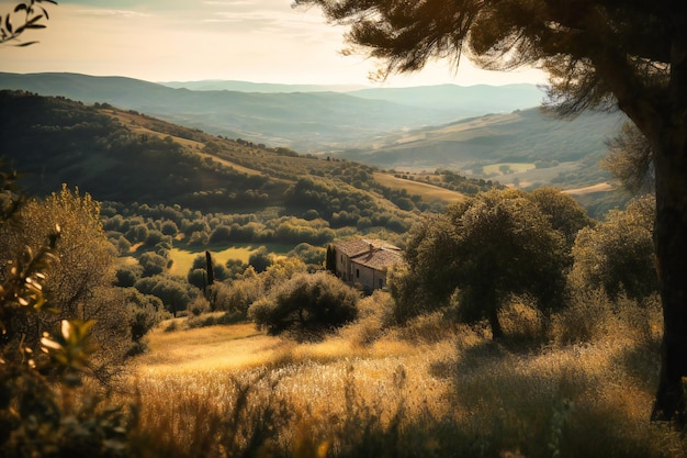 een schilderachtig uitzicht op heuvels en heuvels in Toscane met een veld en een prachtig landschap