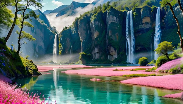 Foto een schilderachtig uitzicht op majestueuze watervallen met roze bloemenvelden bij een rustige rivier en weelderige groene kliffen