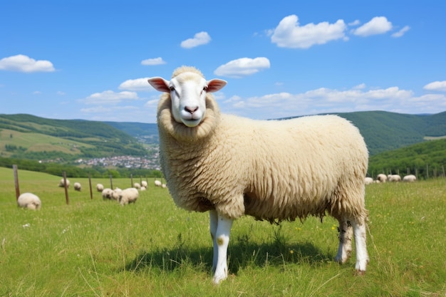 Een schilderachtig uitzicht op schapen die grazen op een zonnige weide onder een heldere blauwe lucht met pluizige wolken