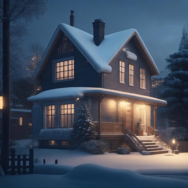 Een schilderachtig winterverblijf, avondbeeld van een charmant huis met twee verdiepingen