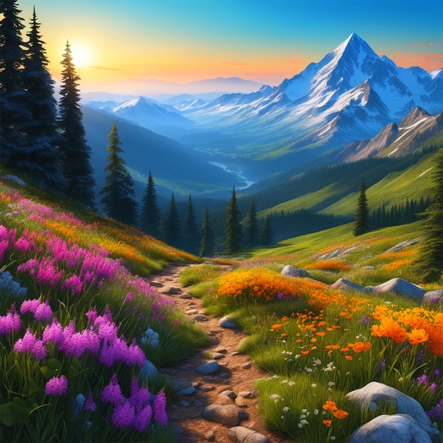 een schilderachtige bergwandeling met wilde bloemen in volle bloei en met sneeuw bedekte toppen in de verte