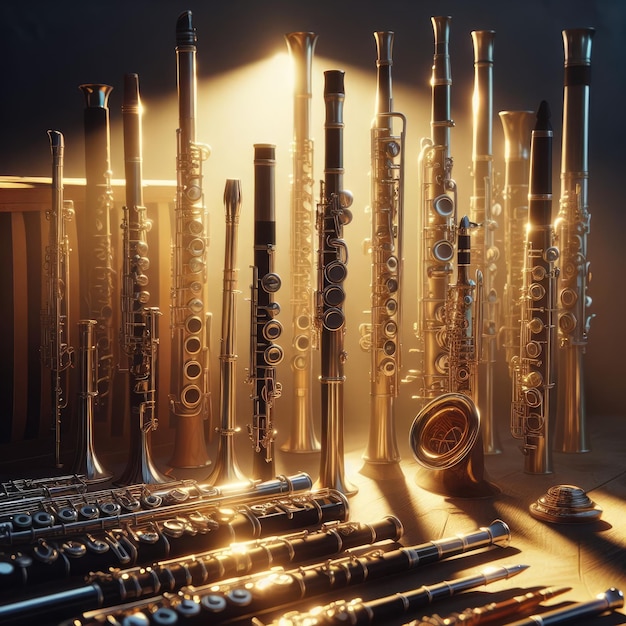 Foto een schilderachtige fluit- en houtblaas sectie met een verscheidenheid aan fluiten, klarinetten en oboes
