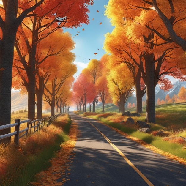 een schilderachtige landweg omgeven door bomen met kleurrijke herfstbladeren geeft het gevoel van avontuur weer