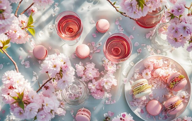 Een schilderachtige lente picknick met roze macarons en wijn omringd door zachte kersenbloesems in het zachte zonlicht