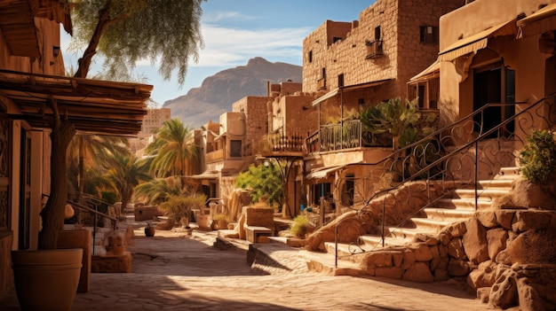 Een schilderachtige straat in een woestijnstad met een majestueuze berg op de achtergrond