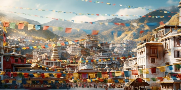 Een schilderachtige straat in Tibet versierd met levendige traditionele gebedsvlaggen gegenereerd door AI