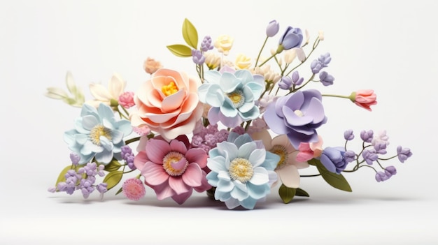 Een schilderachtige tentoonstelling van een pastelkleurig bloemenboeket tegen een schone witte achtergrond die