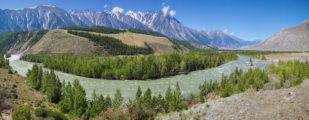 Een schilderachtige vallei met een rivier in het Altai-gebergte op een zomerse dag