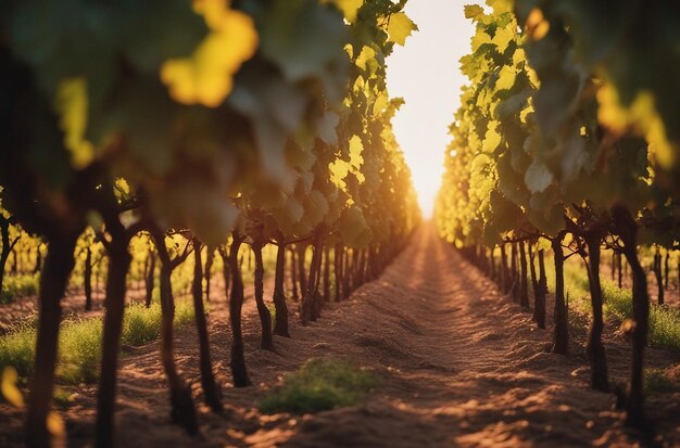 Foto een schilderachtige wijngaard in het gouden uur met rijen wijnstokken die zich uitstrekken tot aan de horizon