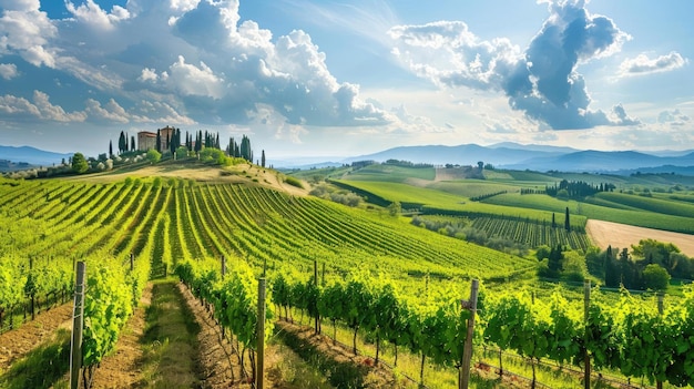 Een schilderachtige wijngaard in Toscane met rijen wijnstokken en glooiende heuvels