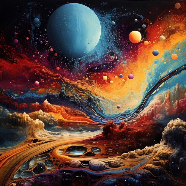 Een schilderij dat het hele universum met kleurrijke patronen weergeeft