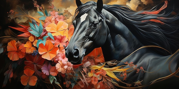 Een schilderij een zwart paardenhoofd met kleurrijke tropische bloemen Wilde dieren