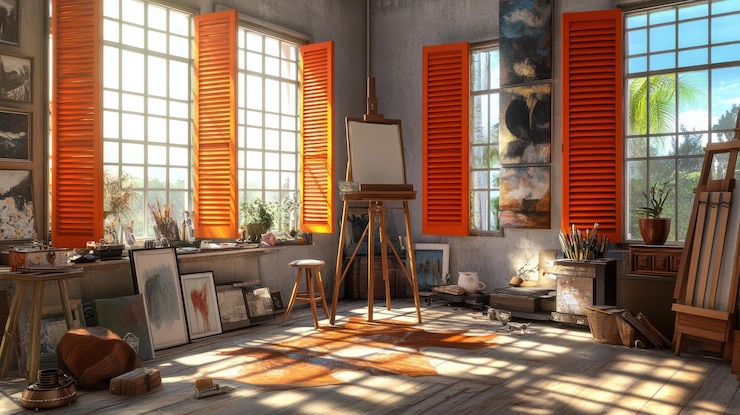 Foto een schilderij is op een houten easel in een kamer met oranje luiken