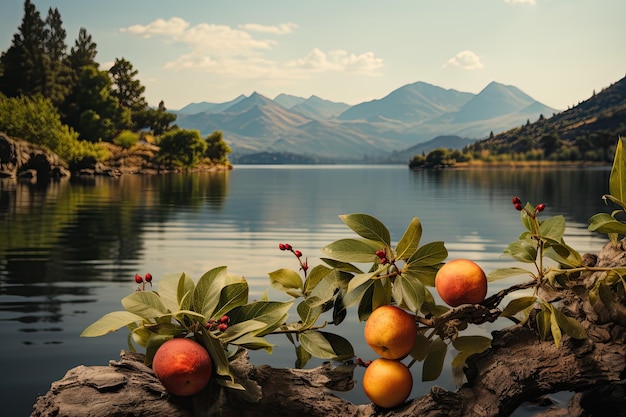 Een schilderij met een meer tussen een verscheidenheid aan bomen die een serene en schilderachtige natuurlijke omgeving creëren Generatieve AI