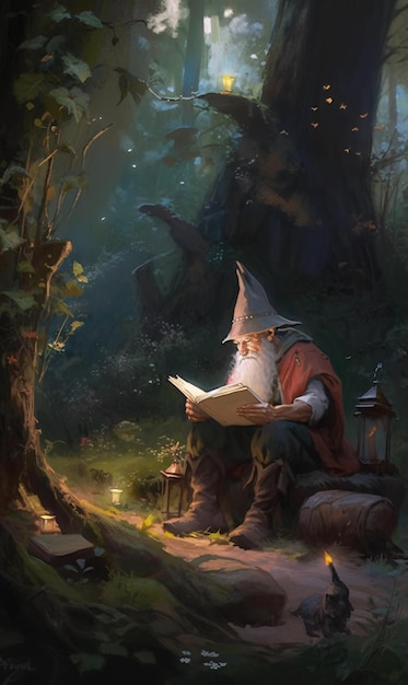 Een schilderij met een oude tovenaar in een pet die in het bos zit en boek AI-generatie leest