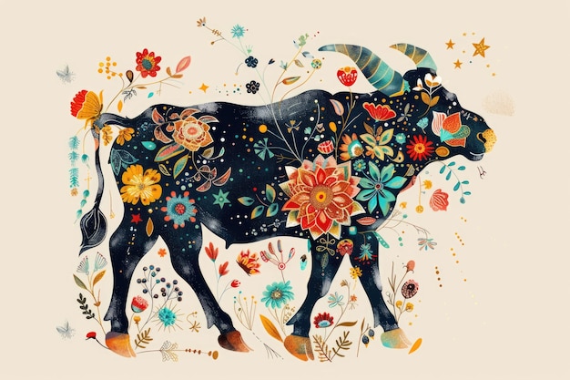 Een schilderij met een versierde koe
