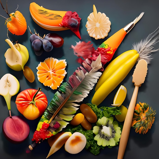Foto een schilderij met kleuren gemaakt van fruit en groenten en