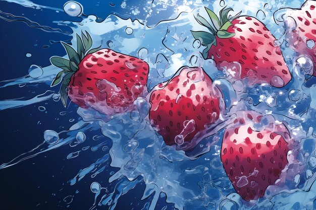 Een schilderij van aardbeien die met water worden bespat