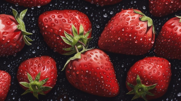 Een schilderij van aardbeien met waterdruppels erop.