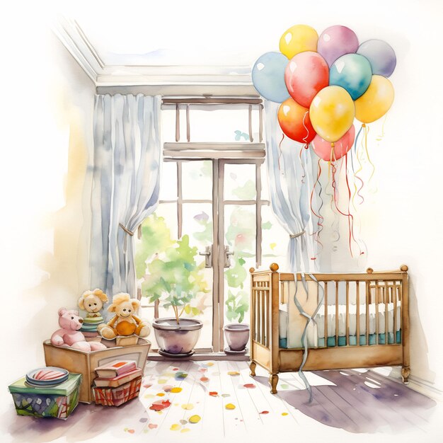 een schilderij van ballonnen en een babykamer met raam en raam