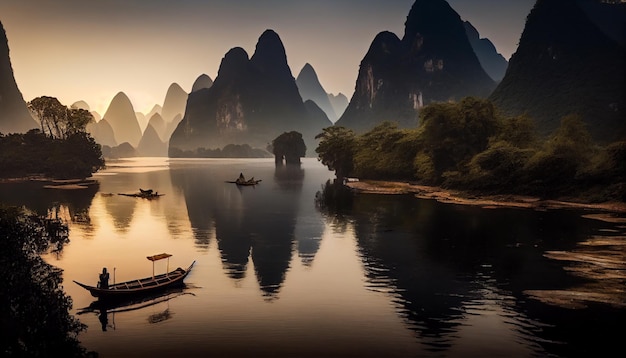 Een schilderij van bergen en boten op het water met het woord li rivier op de achtergrond