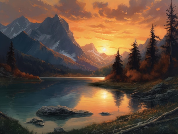 Een schilderij van bergen en een meer met een zonsondergang generatieve ai