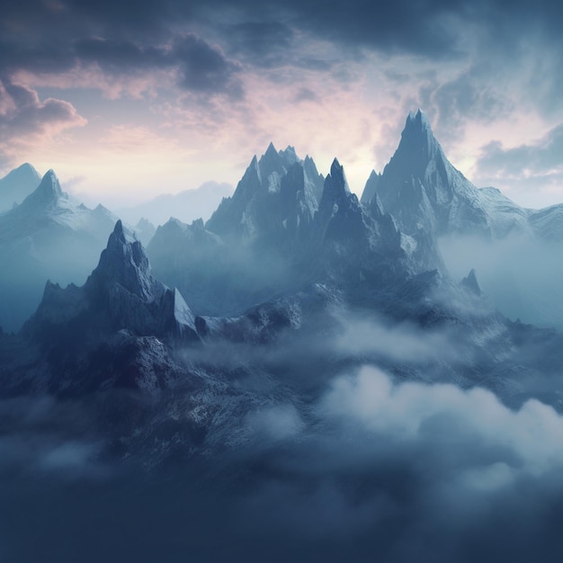 Een schilderij van bergen en wolken in de lucht.