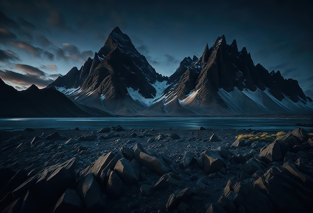 Een schilderij van bergen met een blauwe lucht en een berg op de achtergrond