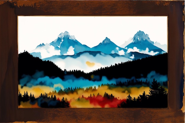 Een schilderij van bergen met het woord grand teton in het midden