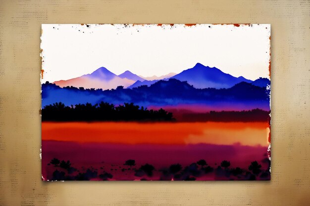 Een schilderij van bergen waar de zon op schijnt.