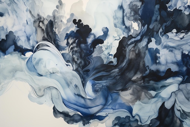 Een schilderij van blauw en wit water en inkt met de woorden "blauw" op de bodem.