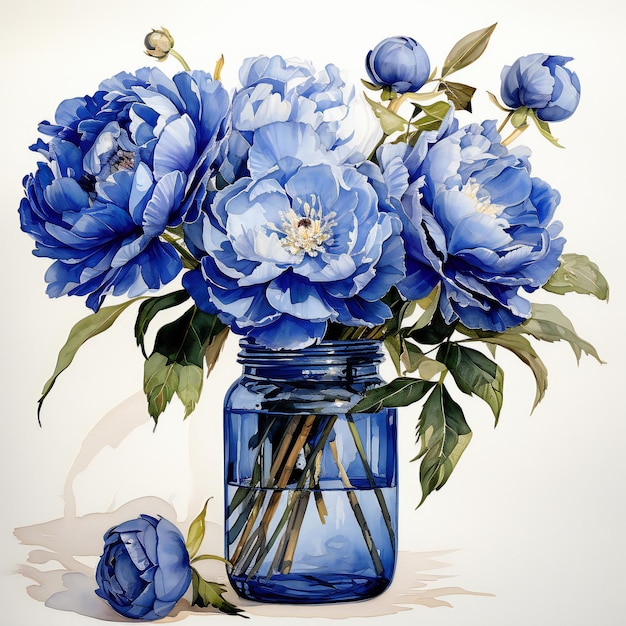 Een schilderij van blauwe bloemen met in het midden de woorden blauwe rozen.