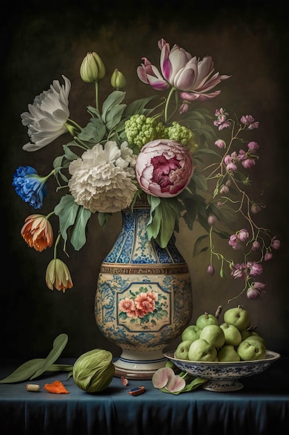 Een schilderij van bloemen en een bord fruit op een tafel.