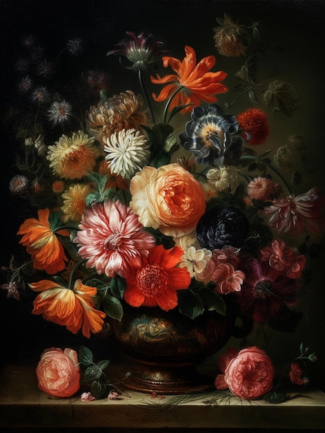 Een schilderij van bloemen en een vaas met een groene achtergrond.