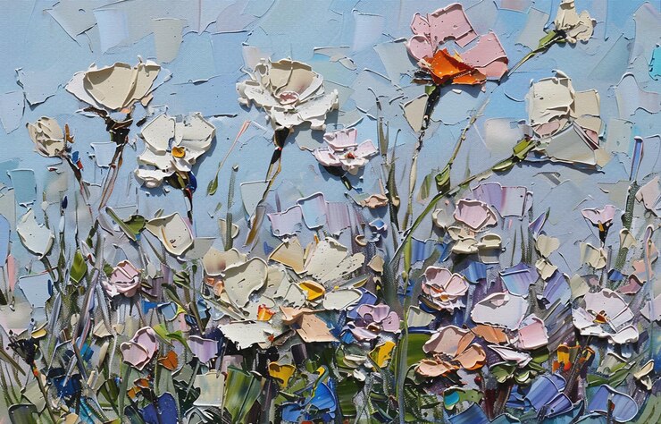 een schilderij van bloemen en gras met een blauwe achtergrond