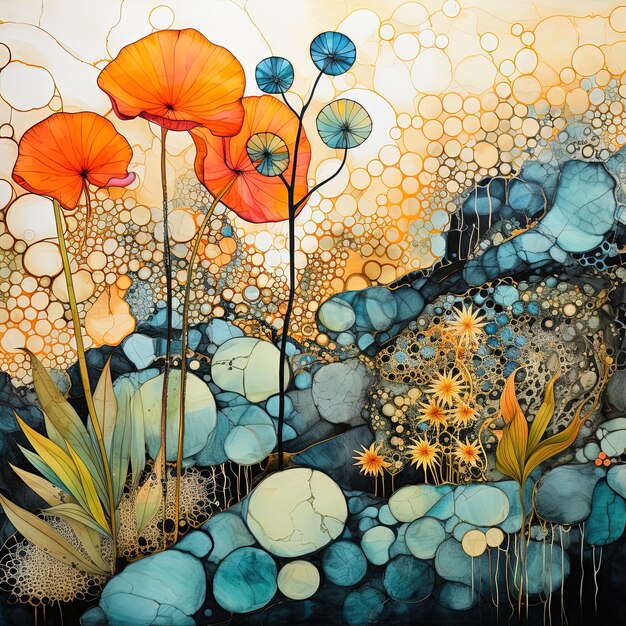 een schilderij van bloemen en planten met blauwe en oranje bloemen