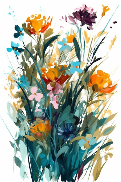 Een schilderij van bloemen in blauw, roze en geel.