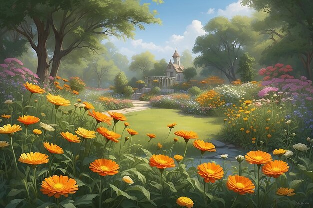 een schilderij van bloemen in een tuin met een huis op de achtergrond