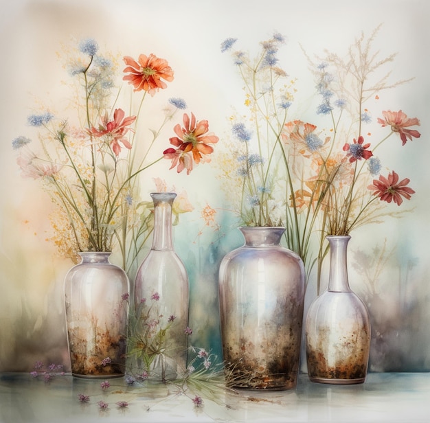 Een schilderij van bloemen in een vaas met het woord "erop"