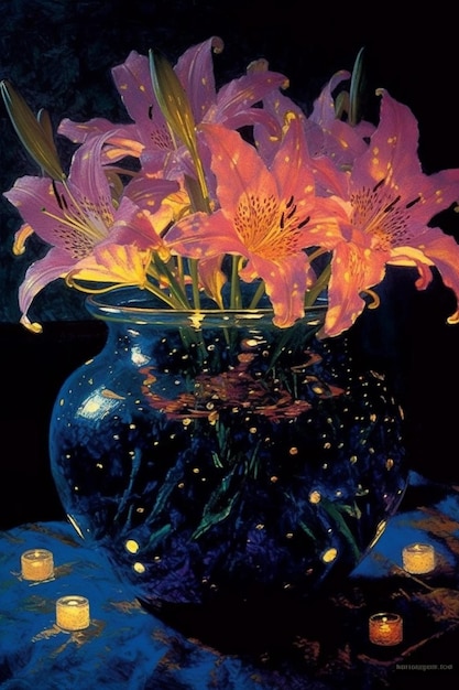 Een schilderij van bloemen in een vaas met lichtjes eromheen.
