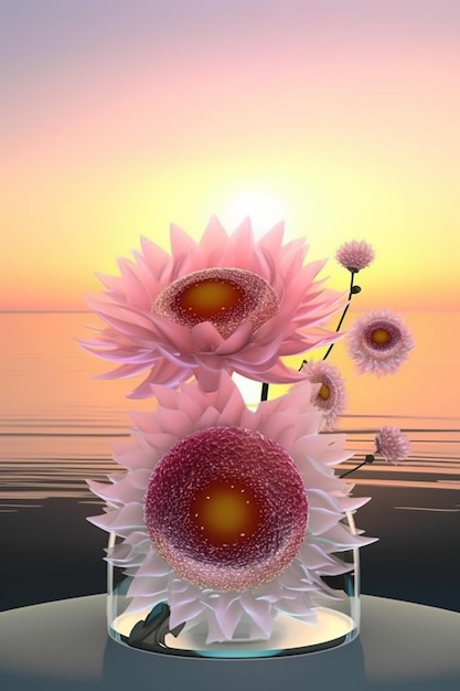 Een schilderij van bloemen met daarachter de ondergaande zon