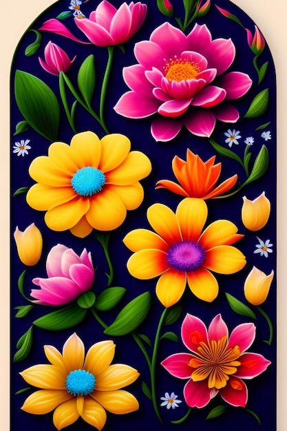 Foto een schilderij van bloemen met een blauwe achtergrond die zegt 