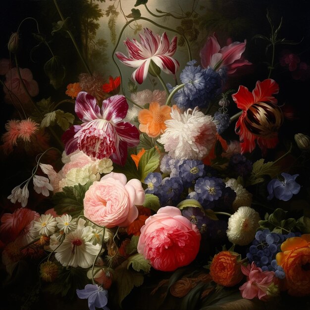 Een schilderij van bloemen met een bloem aan de rechterkant