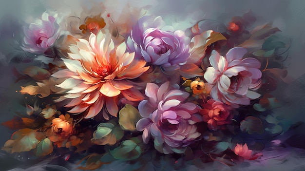 Een schilderij van bloemen met een lieveheersbeestje erop